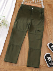Girls Casual Cotton Cargo Pants Straight Wide Leg Jogger Pants