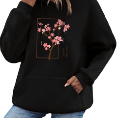 Cherry Tree Print Kangaroo Pocket Hoodie Women's Sweatshirt