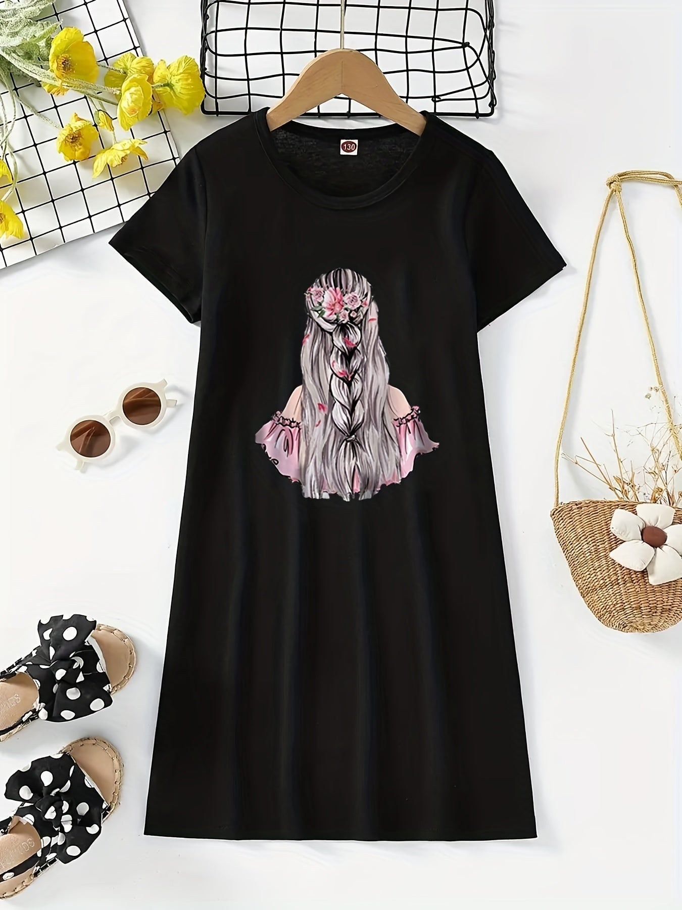 Girls Cartoon Figure Graphic Crew Neck Casual T Shirts Dress
