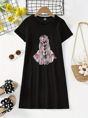 Girls Cartoon Figure Graphic Crew Neck Casual T Shirts Dress