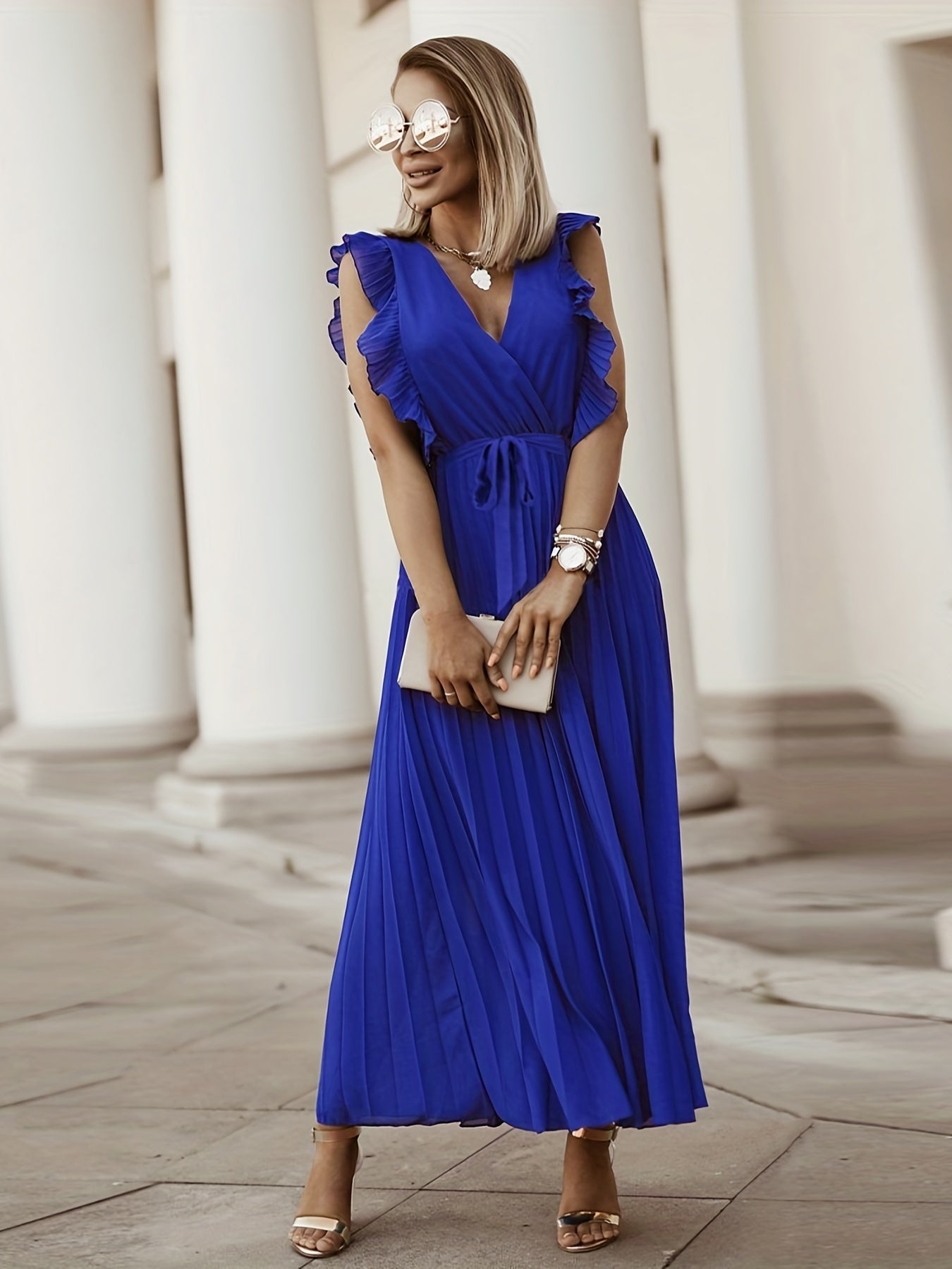 Ruffle Trim Pleated Dress Solid Surplice Neck Maxi Dress Women's Clothing