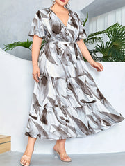 Plus Marble Print Butterfly Sleeve Smock Maxi Dress With Belt