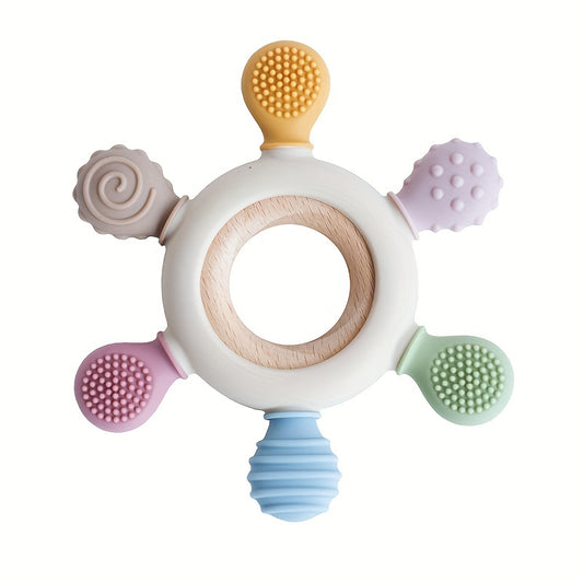 Silicone Baby Teether Rudder Shape Wooden Teether Ring Touch Training BPA Toy
