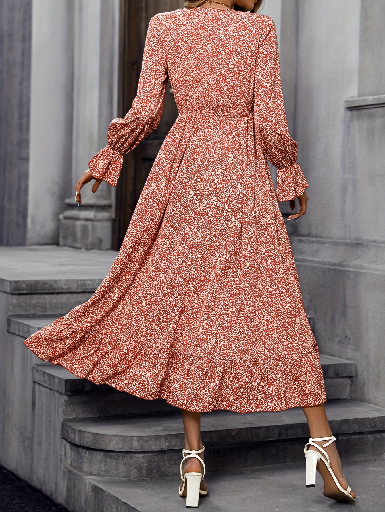 Floral Print Dress V Neck Long Sleeve