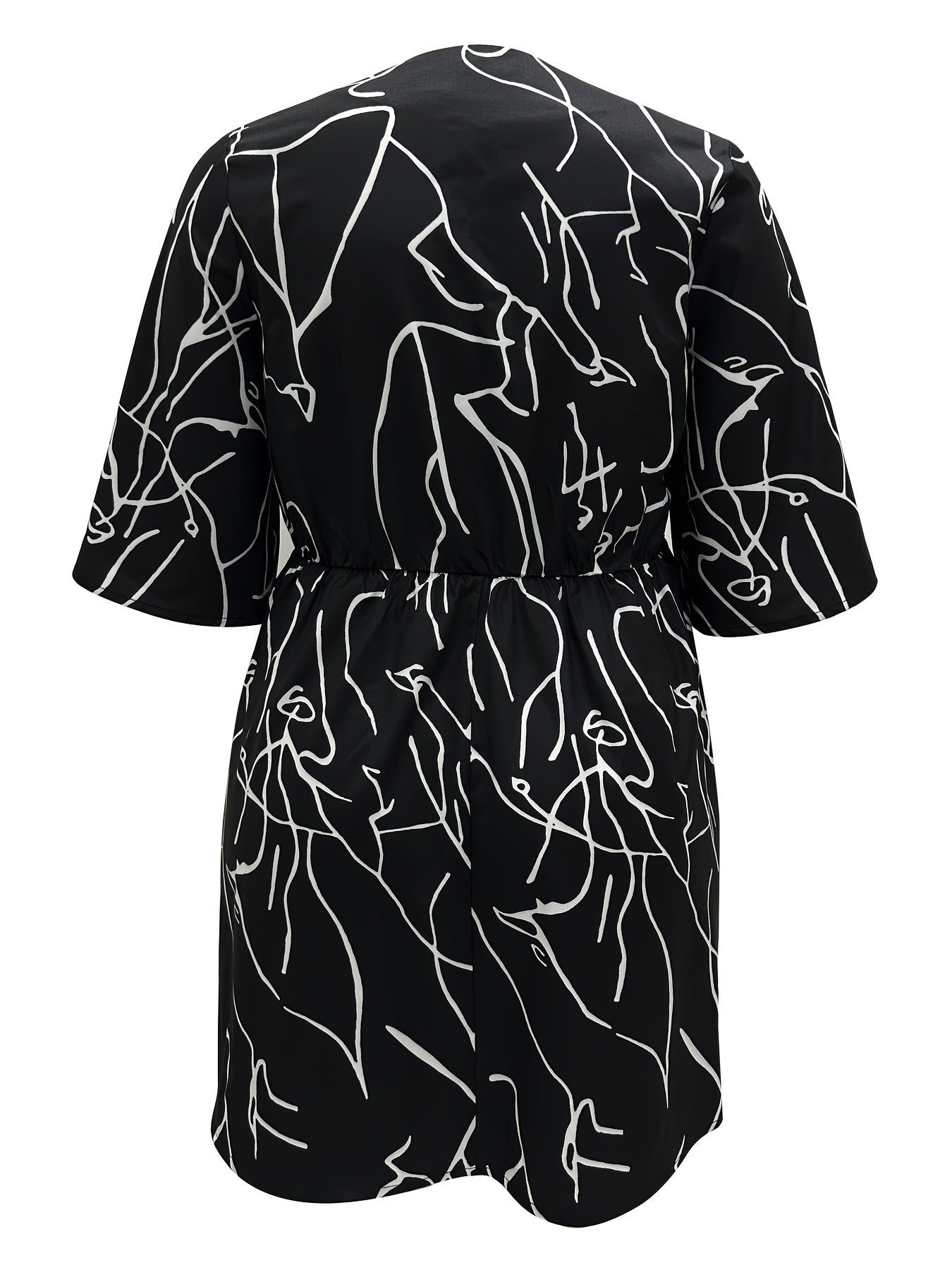Random Print Half Sleeve V Neck Button Decor Dress