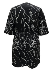 Random Print Half Sleeve V Neck Button Decor Dress
