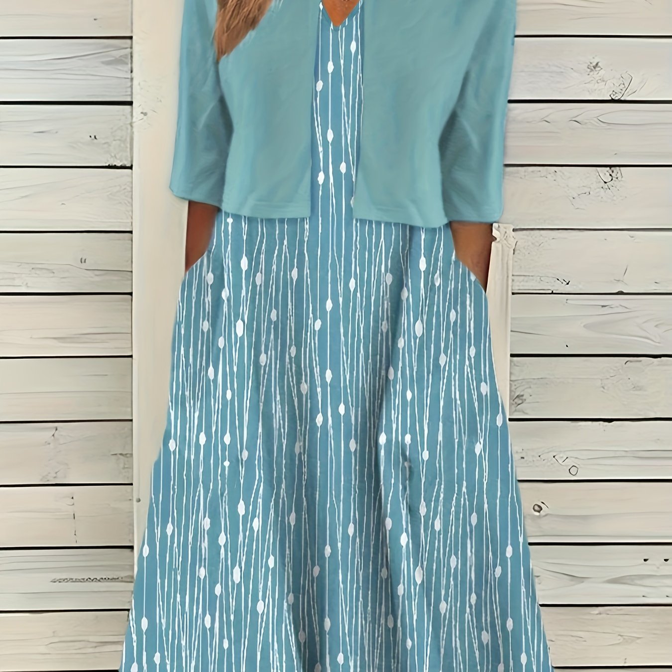 Plus Size Dot & Stripe Print V Neck Dress & Cardigan Two Piece Set