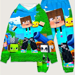 2pcs Boy's Hoodie Outfit Cartoon Pattern Set Long Sleeve Top Kid's Clothes