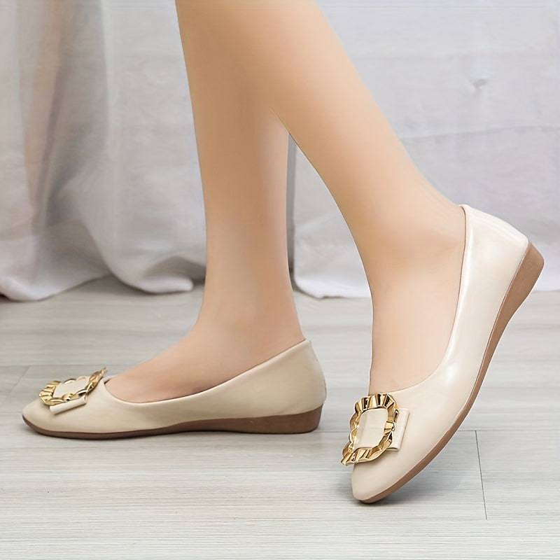 Women's Pointed Toe Metallic Square Buckle Flat Shoes Soft Sole Slip On Flats