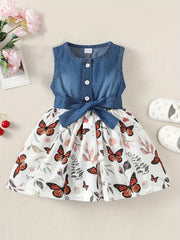 Baby Girls Casual Puffy Denim Dress with Butterflies Print