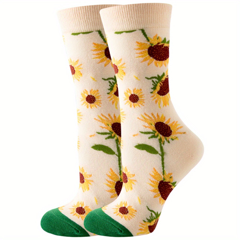 Sunflower Pattern Socks Comfy & Breathable Mid Tube Socks Women's Stockings