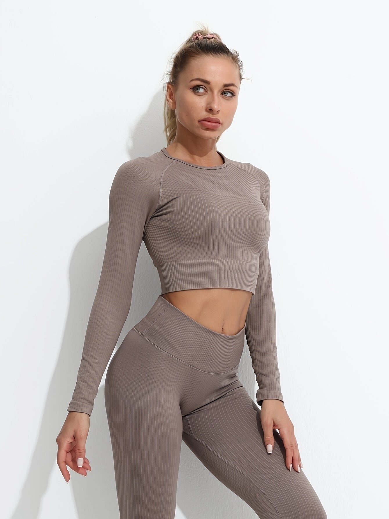 Slimming Ribbed Yoga Top Cropped Long Sleeve