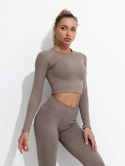 Slimming Ribbed Yoga Top Cropped Long Sleeve
