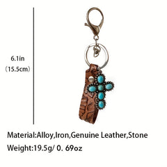 Vintage Western PU Leather Turquoise Pumpkin Flower Cross Keychain