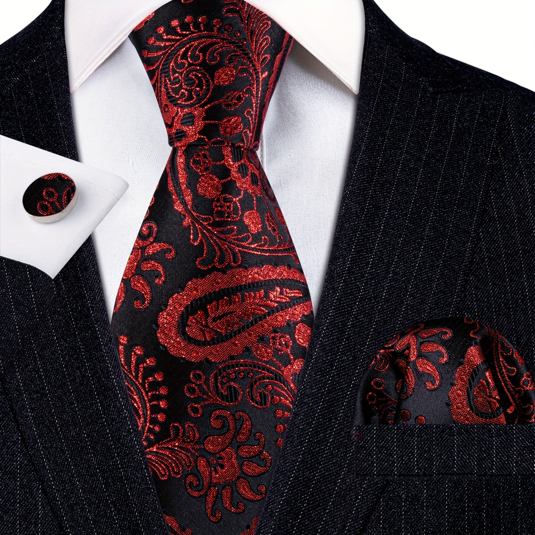 Barry Wang Red&Black Woven Silk Floral Paisley Tie Set