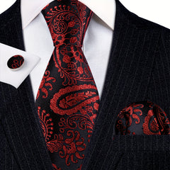 Barry Wang Red&Black Woven Silk Floral Paisley Tie Set