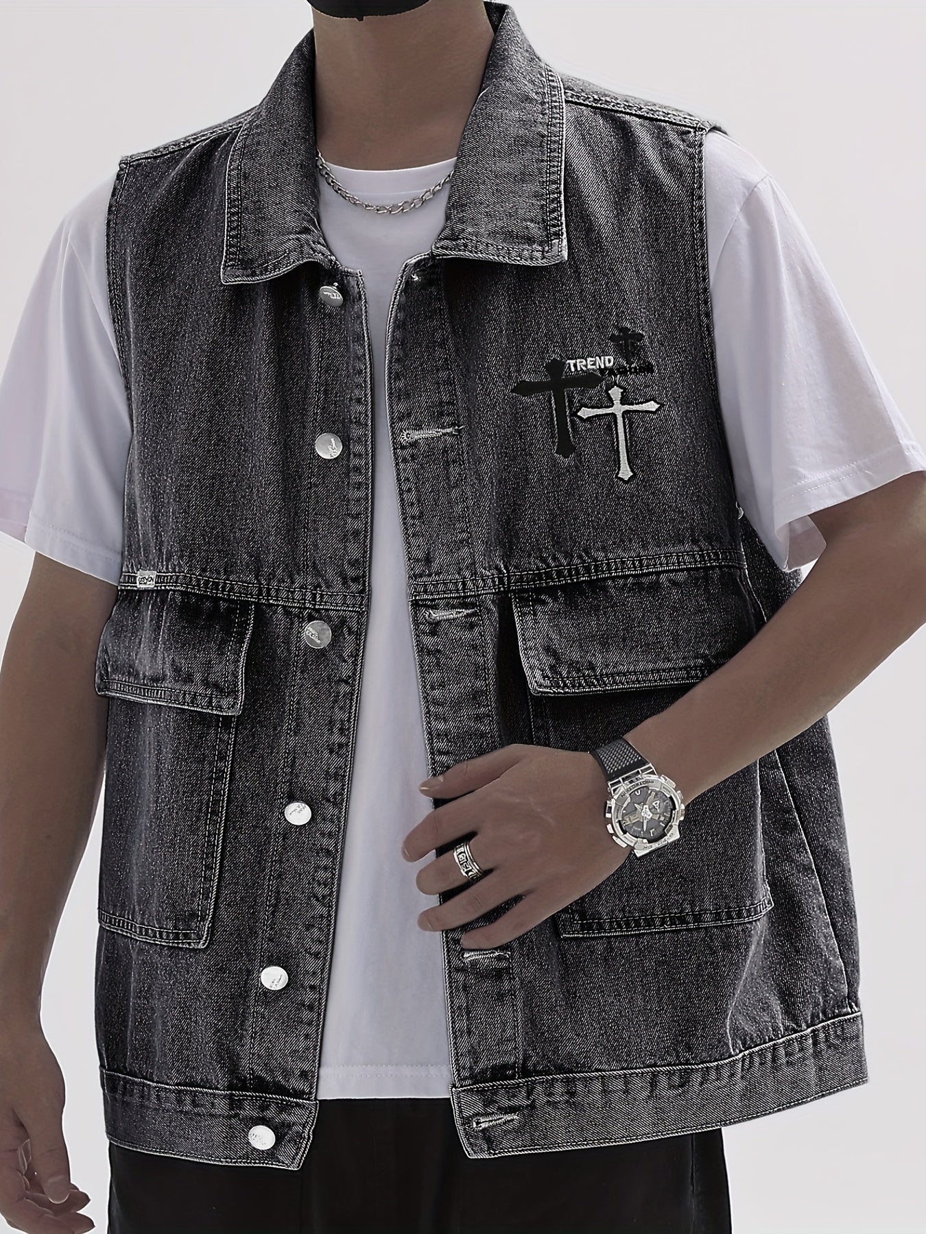 Men's Denim Vest Casual Street Style Big Pockets Turn-Down Collar Waistcoat