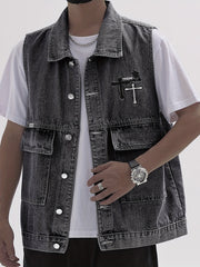 Men's Denim Vest Casual Street Style Big Pockets Turn-Down Collar Waistcoat