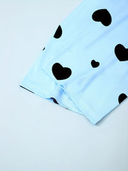 Heart Print Pajama Set Short Sleeve Top & Long Pants Women's Loungewear