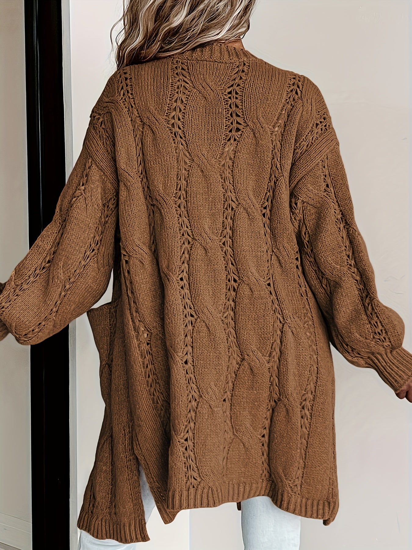 Solid Cable Knit Open Front Cardigan With Pockets