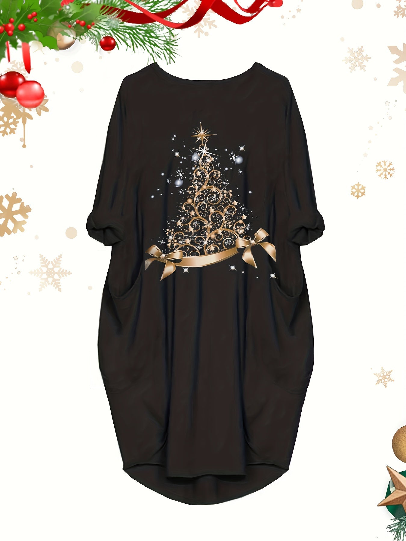 Glitter Christmas Tree Print Long Sleeve Round Neck Baggy Dress