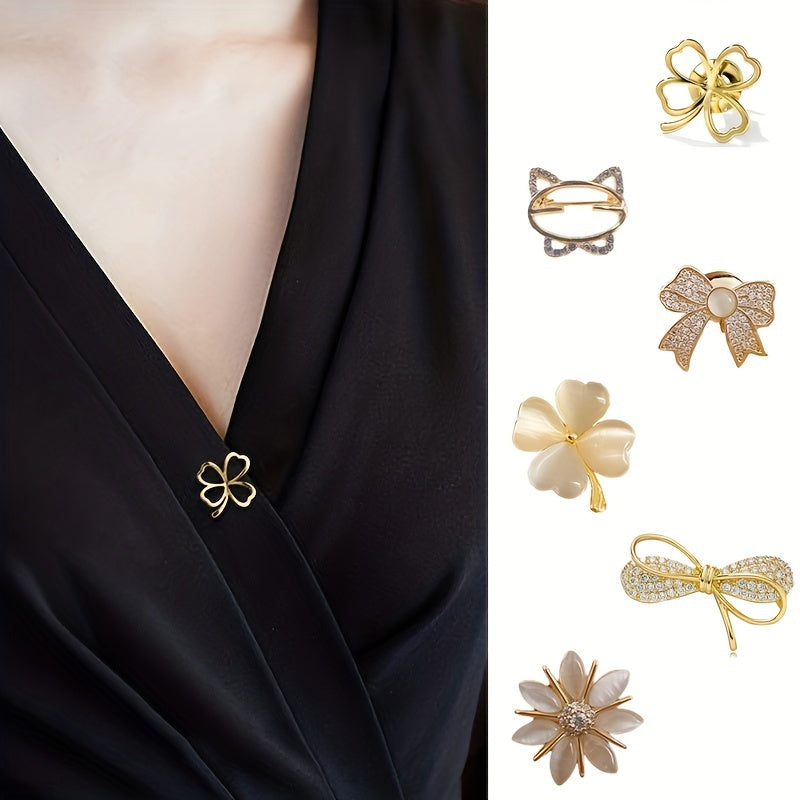 Four Leaf Clover Brooch Metal Lapel Strap Pin Fixed Lucky Clover Bow Knot Pin