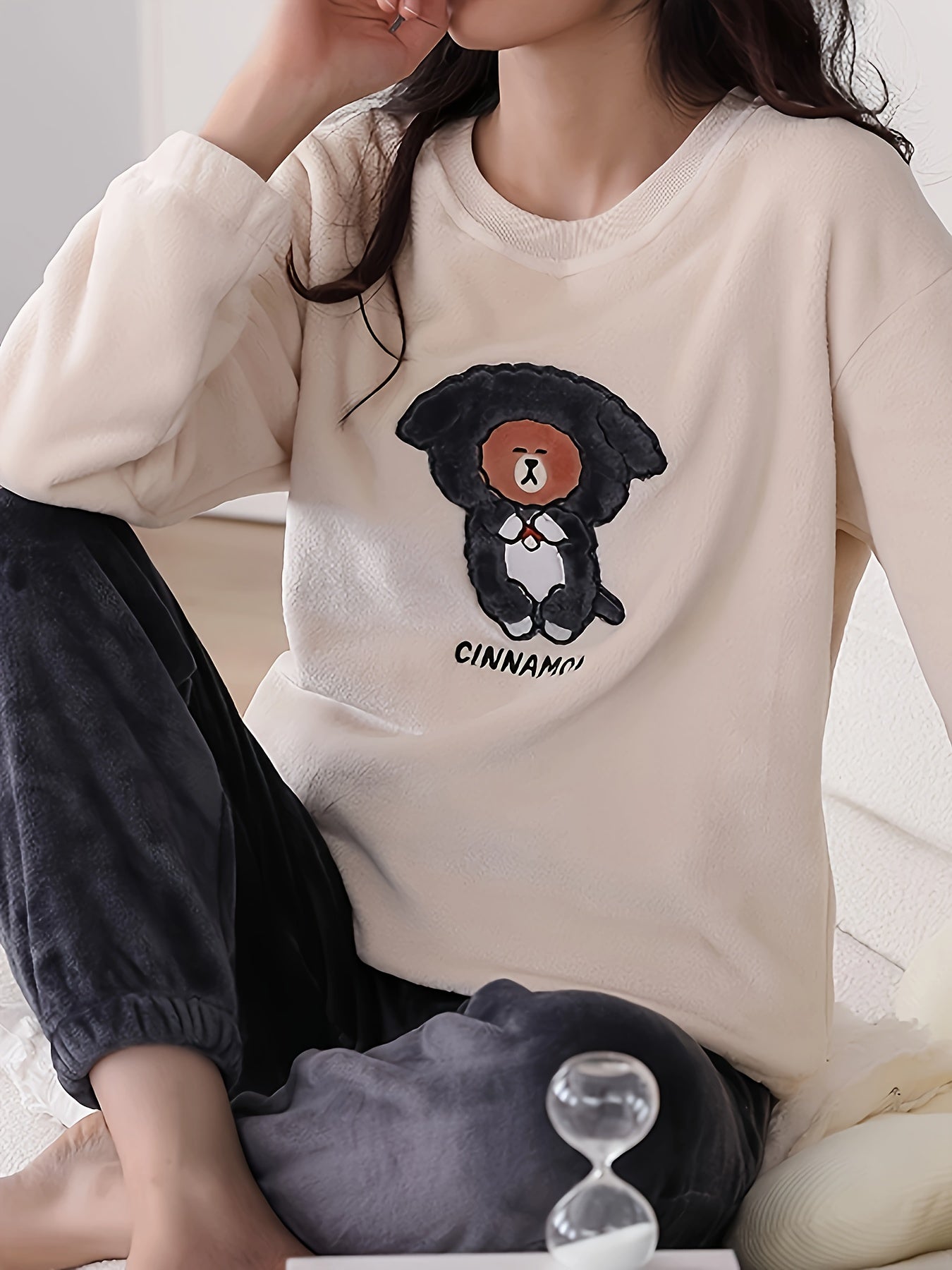 Bear Print Fuzzy Lounge Set Long Sleeve Top & Elastic Waistband Pants