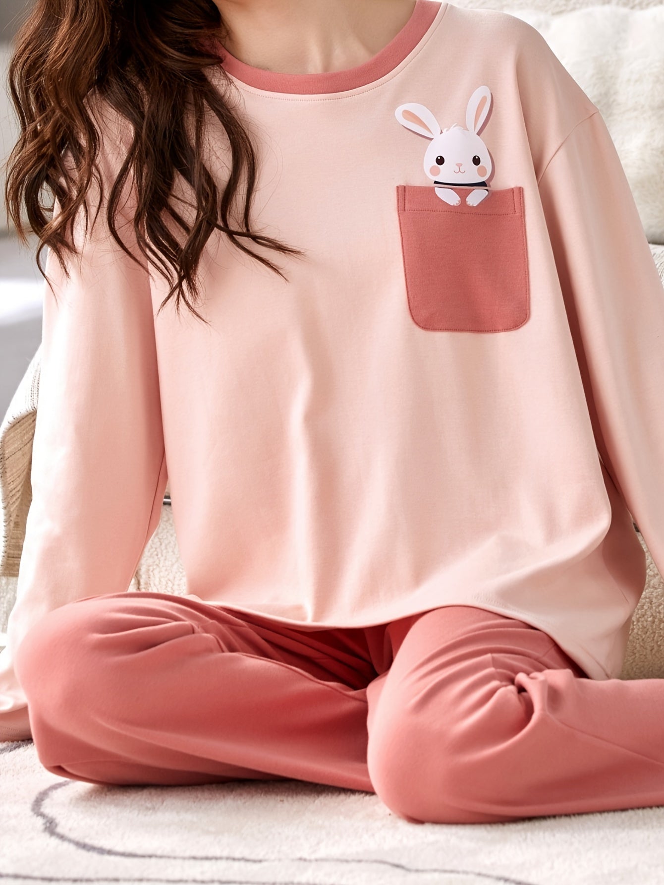 Bunny Print Lounge Set Long Sleeve Top & Pants Women's Pajamas