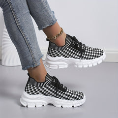 Women's Houndstooth Pattern Lace Athletic Sneakers Non slip Running Shoes