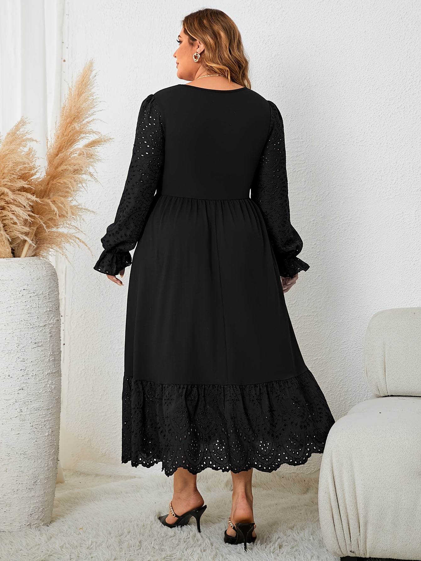 Solid Scallop Trim Flounce Sleeve Maxi Dress