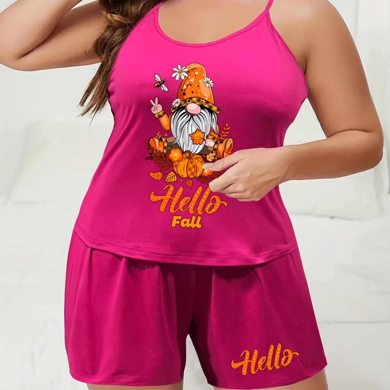Funny Dwarf & Pumpkin Print Cami Top & Shorts Set
