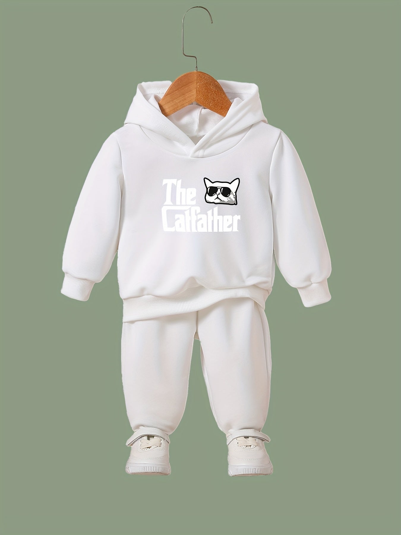 Kid's The Cat Father Print Hoodie & Pants Set, Sporty Clothes