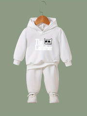 Kid's The Cat Father Print Hoodie & Pants Set, Sporty Clothes