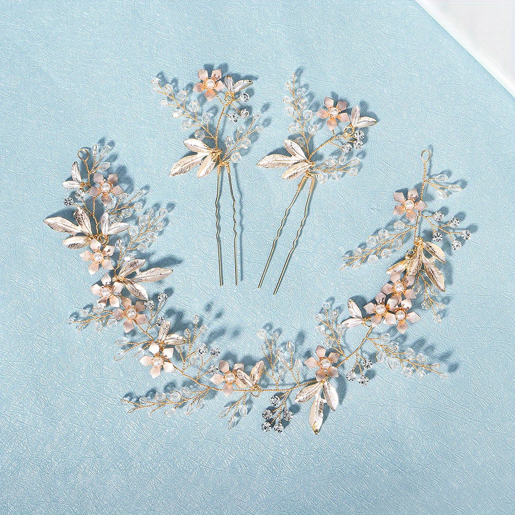 3pcs Flower & Crystal Bridal Headwear Hair Band & Pin