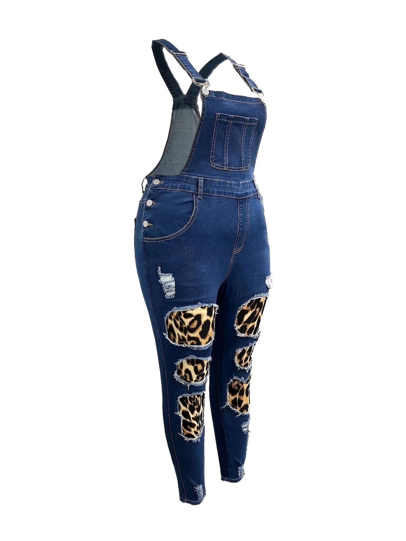 Leopard Print Ripped Denim Overalls