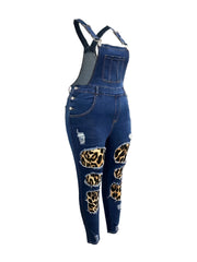 Leopard Print Ripped Denim Overalls