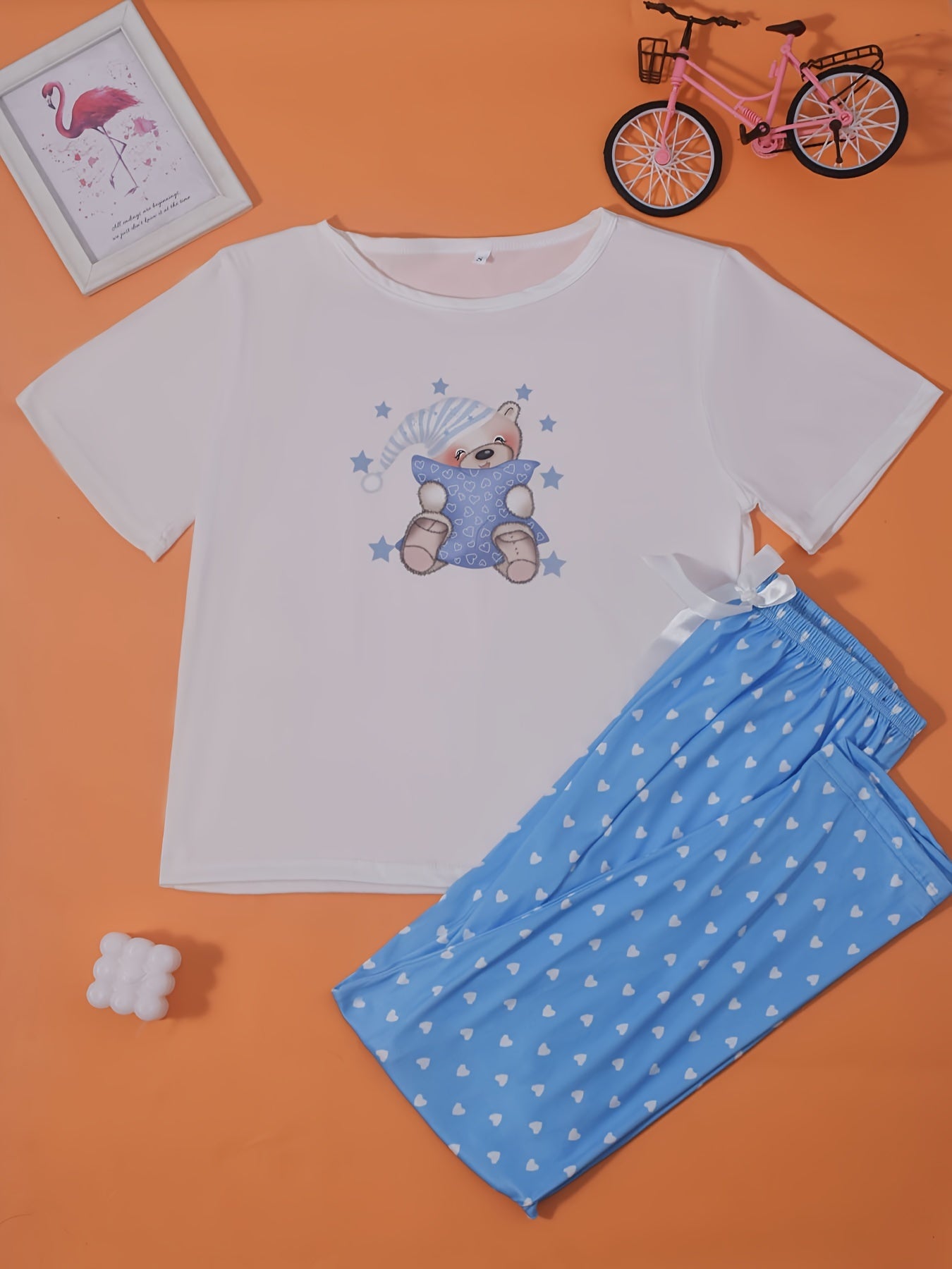 Bear Print Pajama Set Short Sleeve Top & Pants Women's Sleepwear