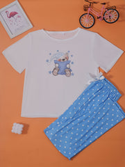 Bear Print Pajama Set Short Sleeve Top & Pants Women's Sleepwear