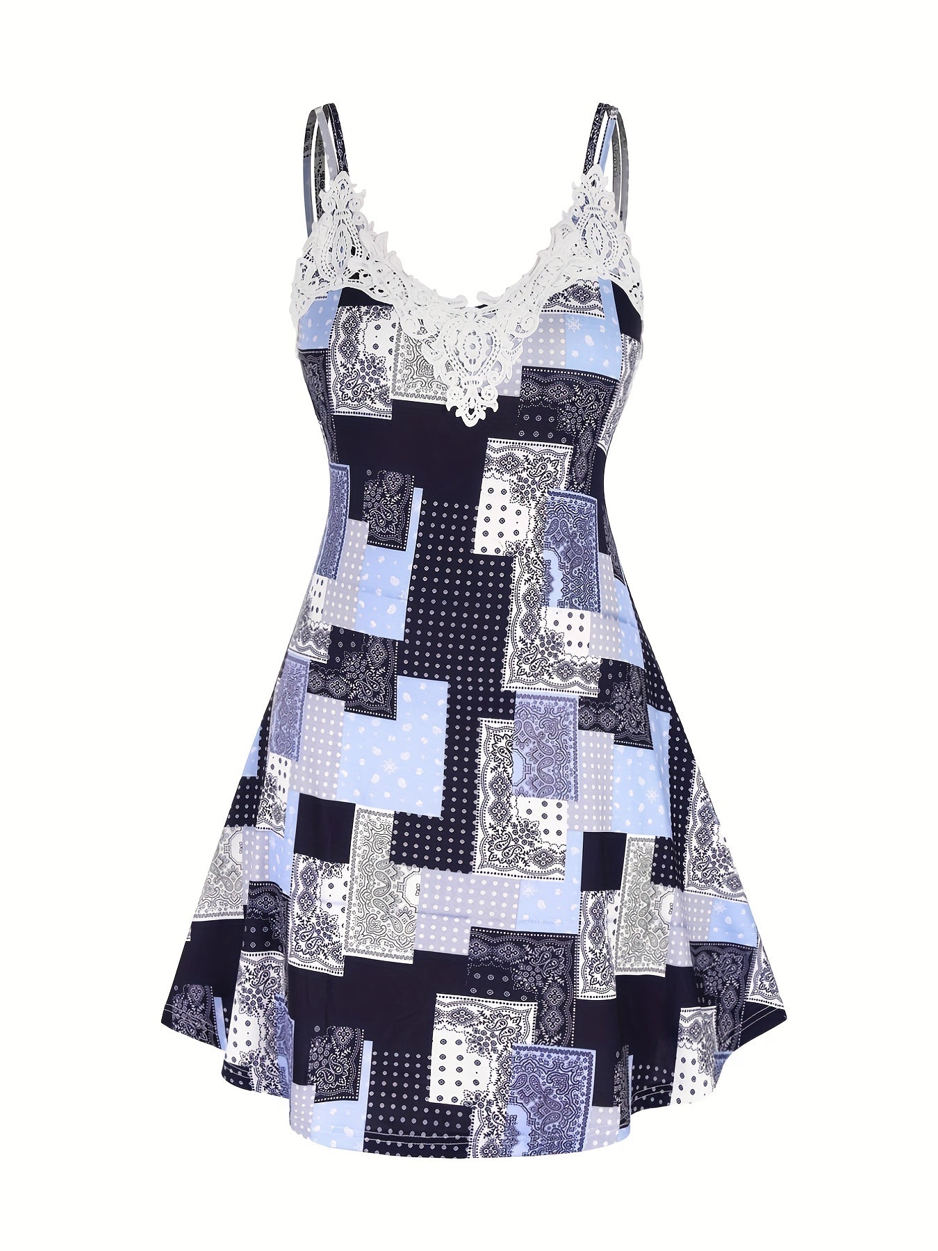 Retro Dress Patchwork Print Lace Trim A-line Cami Dress
