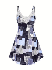 Retro Dress Patchwork Print Lace Trim A-line Cami Dress