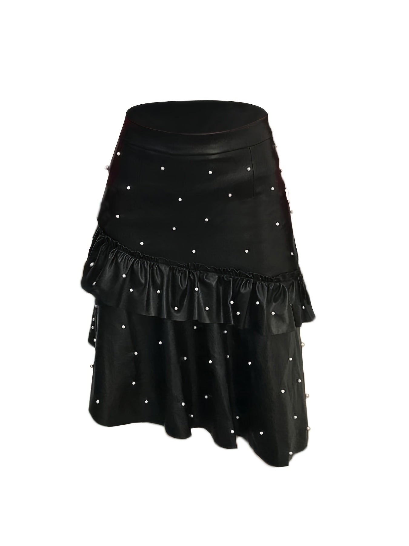 Beads PU Leather Skirts Bodycon Ruffle Trim Casual Skirts
