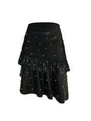 Beads PU Leather Skirts Bodycon Ruffle Trim Casual Skirts