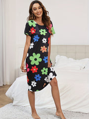 Floral Print Lounge Dress Short Sleeve Casual Crew Neck Home Dress