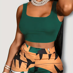 Sexy 2pc Set Sleeveless Tank Top & Geo Print Shorts Outfit