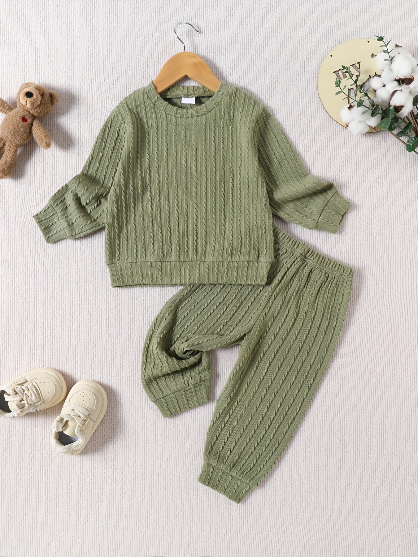 Toddler Girl's Knitted Jacquard 2pcs Outfit Set Solid Casual Clothes