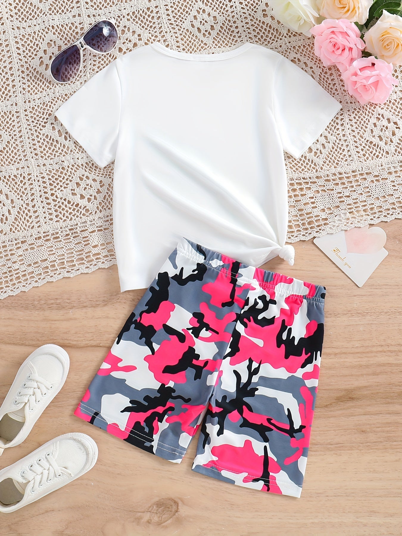 Girls Pink Camo Portrait Graphic Tee & Bike Shorts Set
