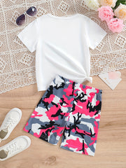 Girls Pink Camo Portrait Graphic Tee & Bike Shorts Set