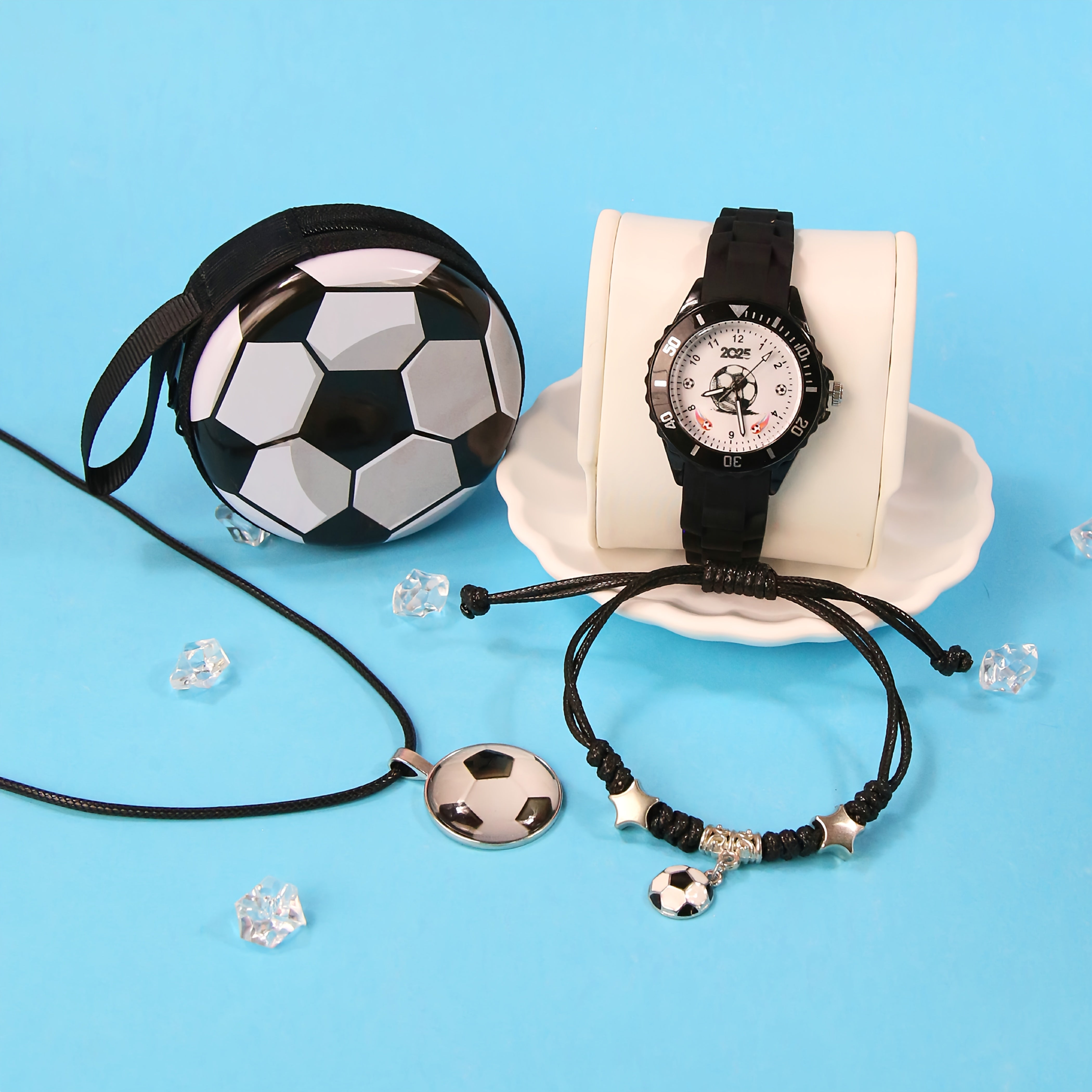 4pcs Boys' Quartz Watch Set Sport Style Silicone Strap Football Design