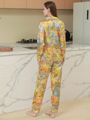 Floral Print Pajama Set Long Sleeve Buttons Top & Elastic Waistband Pants