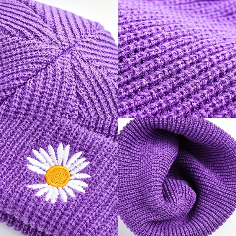 Daisy Embroidery Beanie Solid Skull Cap Lightweight Elastic Warm Knit Hat